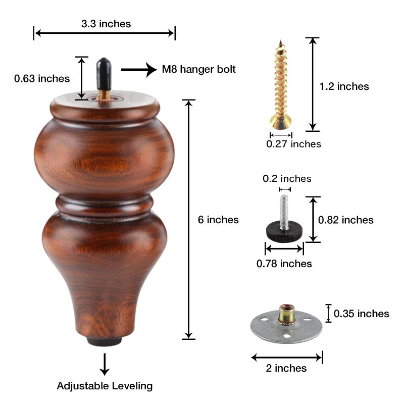 ALAMHI Wood Furniture Legs 6 inch - Sofa Legs Set of 4 Replacement Couch Legs - Round Furniture Feet Replacement for Legs for Furniture - Sofa Legs, Chair, Dresser, Ottoman, Coffee Table, Cabinet, Etc. Brown - Image 5